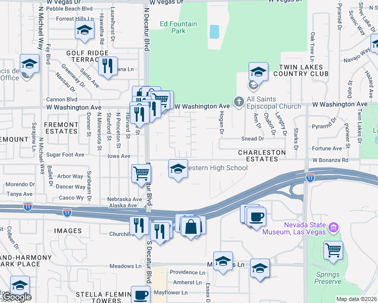map of restaurants, bars, coffee shops, grocery stores, and more near 610 Sea Pines Lane in Las Vegas