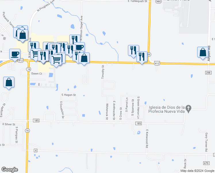 map of restaurants, bars, coffee shops, grocery stores, and more near 5006 Thomas Street in Siloam Springs