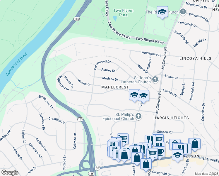 map of restaurants, bars, coffee shops, grocery stores, and more near 2316 Maplecrest Drive in Nashville