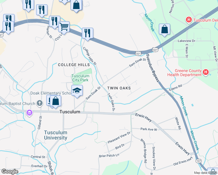map of restaurants, bars, coffee shops, grocery stores, and more near 364 Sam Doak Street in Greeneville