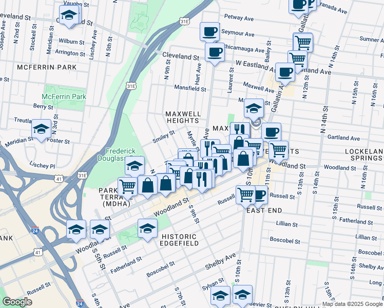 map of restaurants, bars, coffee shops, grocery stores, and more near 115D North 9th Street in Nashville