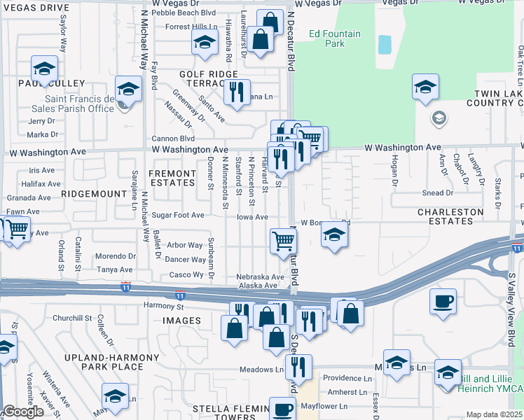 map of restaurants, bars, coffee shops, grocery stores, and more near 421 Harvard Street in Las Vegas