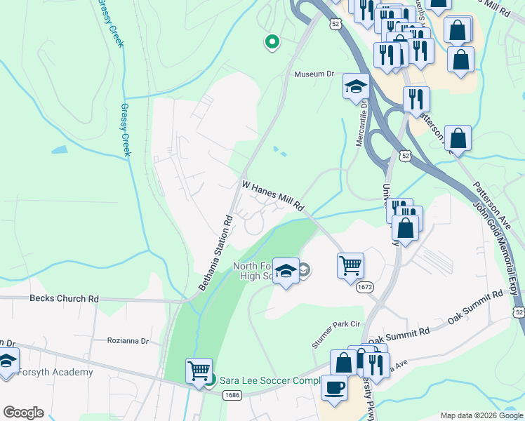 map of restaurants, bars, coffee shops, grocery stores, and more near 5800 West Hanes Mill Road in Winston-Salem