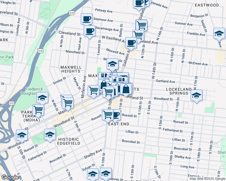 map of restaurants, bars, coffee shops, grocery stores, and more near 1234 Main Street in Nashville