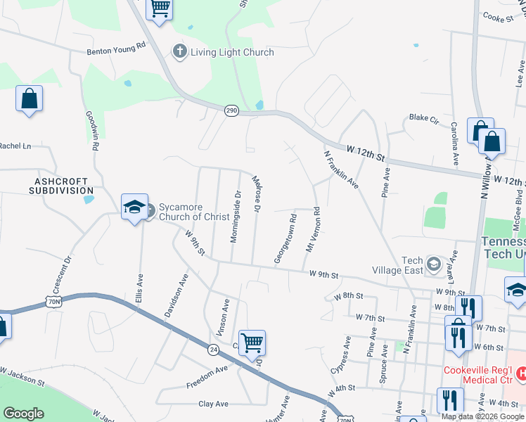 map of restaurants, bars, coffee shops, grocery stores, and more near 1015 Melrose Drive in Cookeville