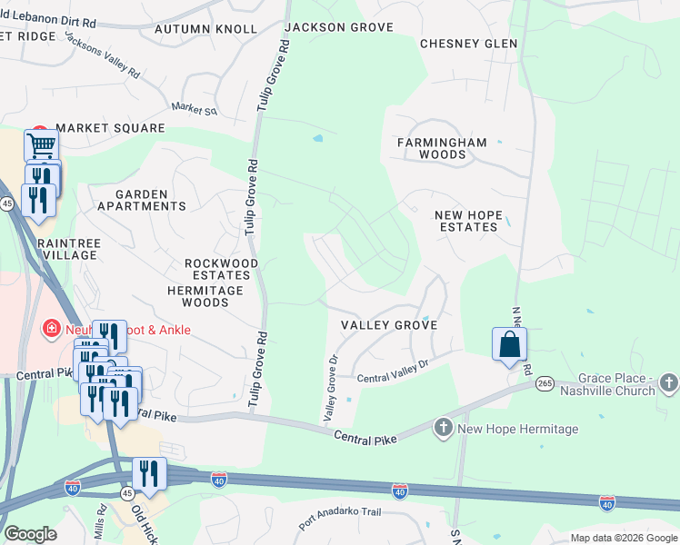map of restaurants, bars, coffee shops, grocery stores, and more near 7402 Blue Gable Road in Nashville