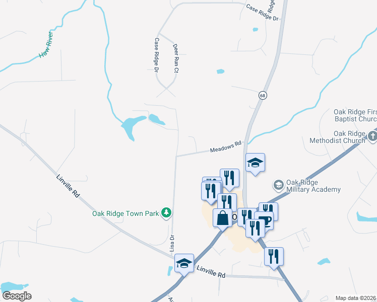 map of restaurants, bars, coffee shops, grocery stores, and more near 8328 Meadows Road in Oak Ridge