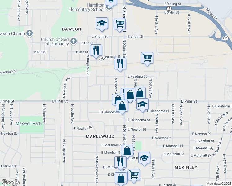 map of restaurants, bars, coffee shops, grocery stores, and more near 1529 North Oxford Avenue in Tulsa