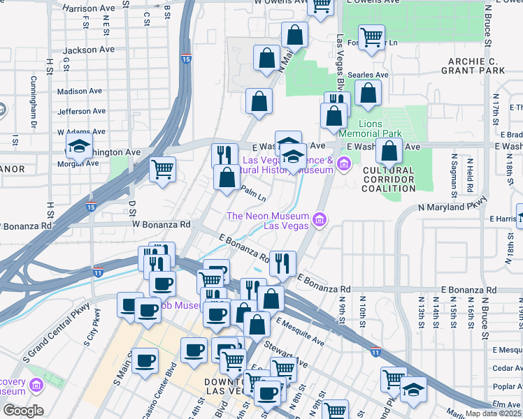 map of restaurants, bars, coffee shops, grocery stores, and more near 135 Palm Lane in Las Vegas