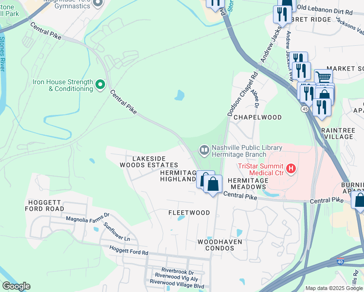 map of restaurants, bars, coffee shops, grocery stores, and more near 3753 Central Pike in Nashville