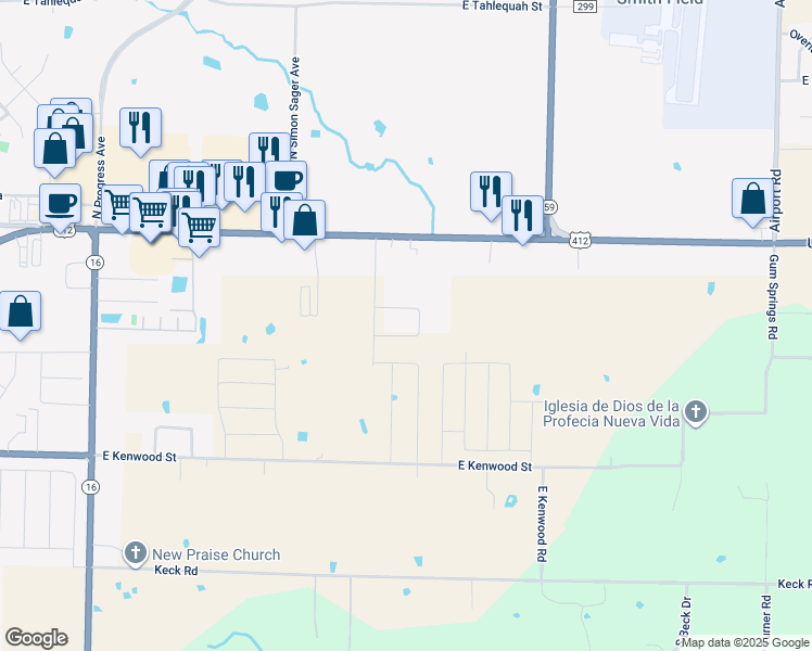 map of restaurants, bars, coffee shops, grocery stores, and more near 3909 Thomas Street in Siloam Springs