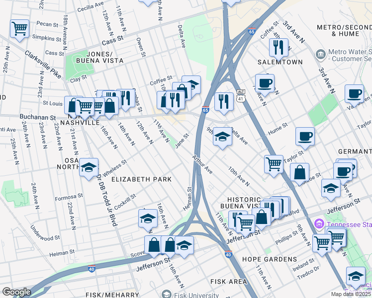 map of restaurants, bars, coffee shops, grocery stores, and more near 1640 Arthur Avenue in Nashville