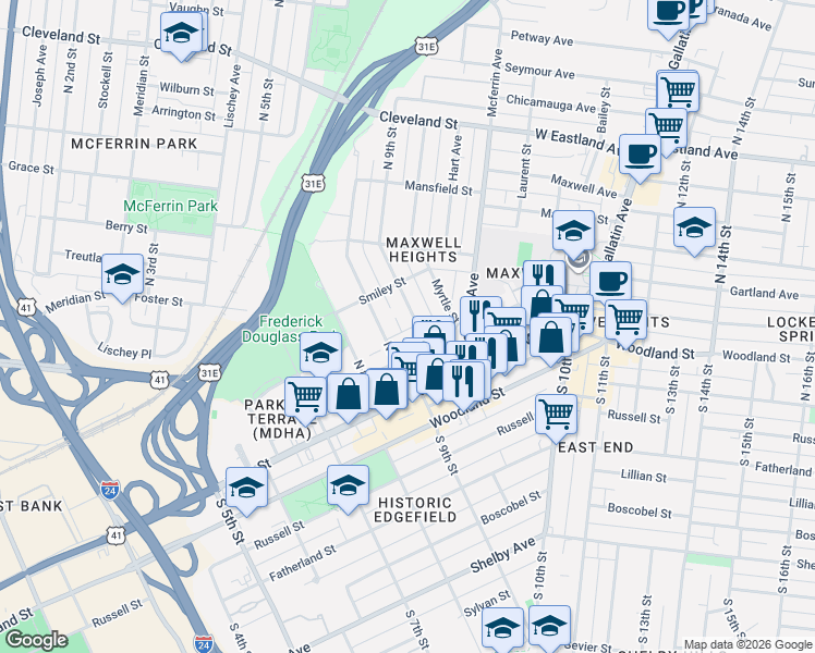 map of restaurants, bars, coffee shops, grocery stores, and more near 115D North 9th Street in Nashville