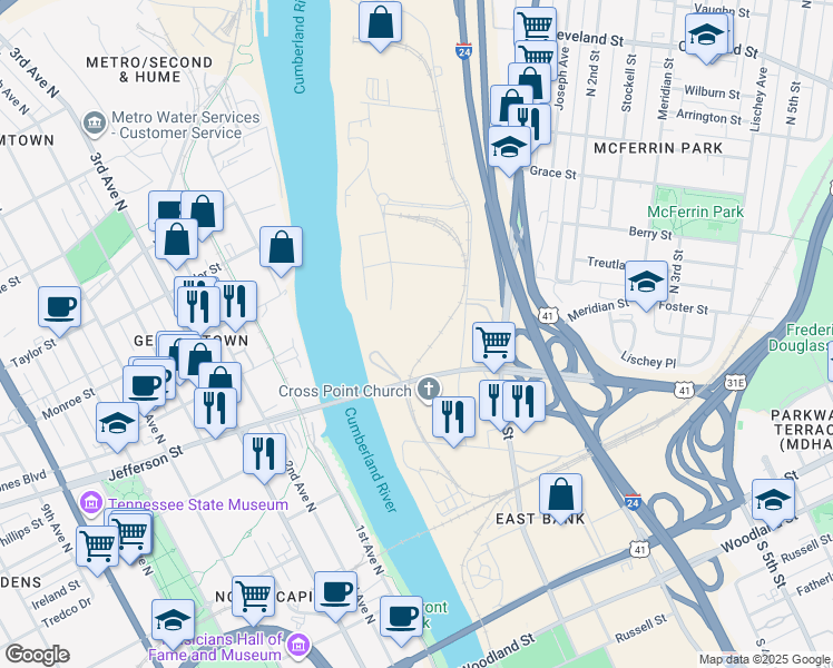 map of restaurants, bars, coffee shops, grocery stores, and more near 500 Cowan Street in Nashville