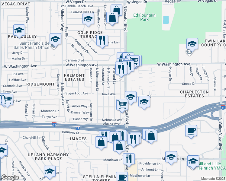 map of restaurants, bars, coffee shops, grocery stores, and more near 421 Harvard Street in Las Vegas