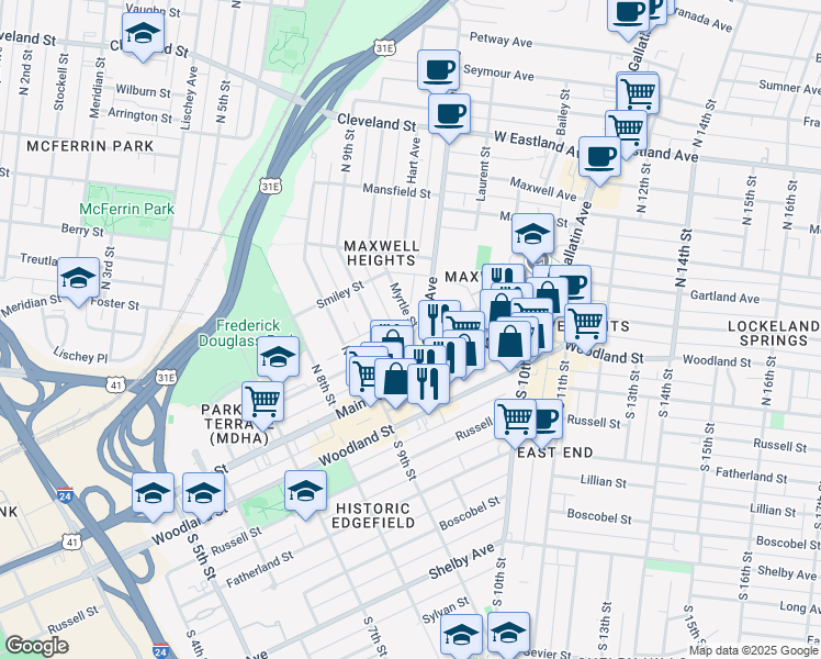 map of restaurants, bars, coffee shops, grocery stores, and more near 108 Mcferrin Avenue in Nashville