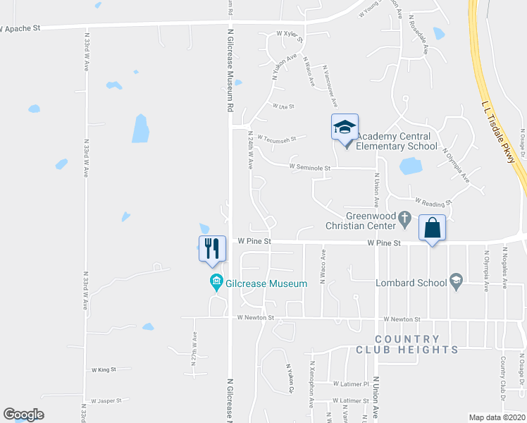 map of restaurants, bars, coffee shops, grocery stores, and more near 1601 North 24th West Avenue in Tulsa