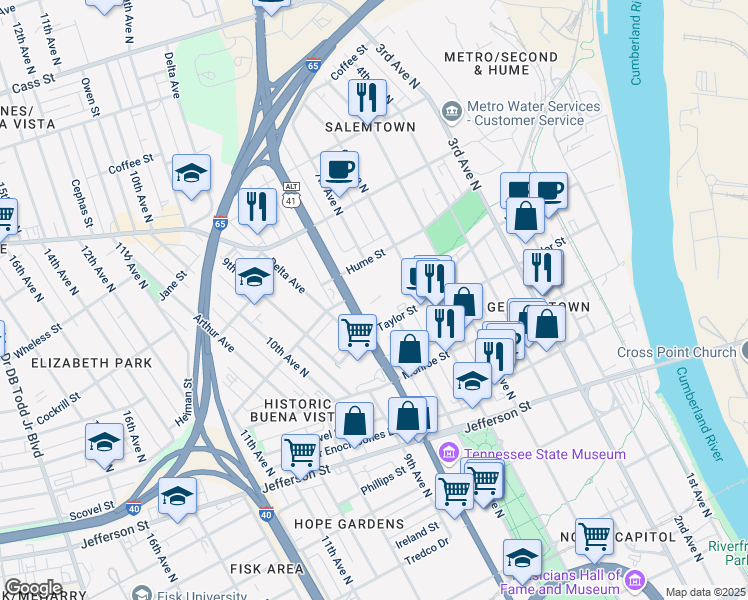 map of restaurants, bars, coffee shops, grocery stores, and more near 1400 Rosa L Parks Boulevard in Nashville