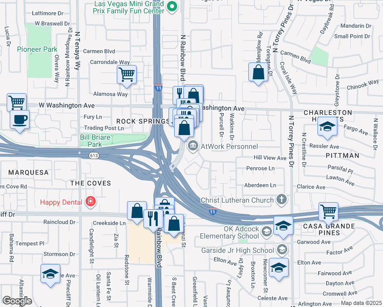 map of restaurants, bars, coffee shops, grocery stores, and more near 500 North Rainbow Boulevard in Las Vegas