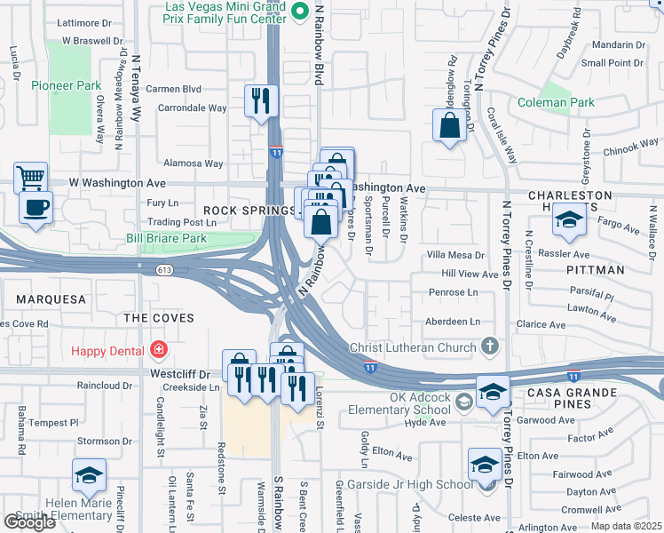 map of restaurants, bars, coffee shops, grocery stores, and more near 500 North Rainbow Boulevard in Las Vegas