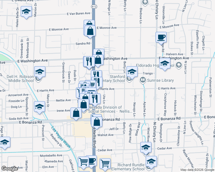 map of restaurants, bars, coffee shops, grocery stores, and more near in Sunrise Manor