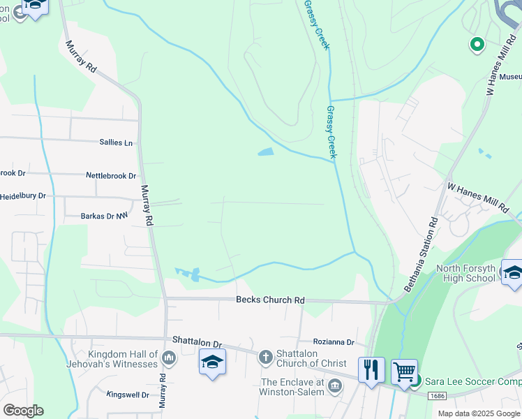 map of restaurants, bars, coffee shops, grocery stores, and more near 5440 Woodcliff Drive in Winston-Salem