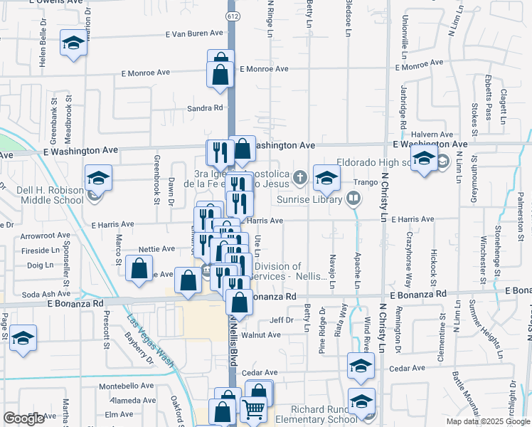 map of restaurants, bars, coffee shops, grocery stores, and more near in Sunrise Manor