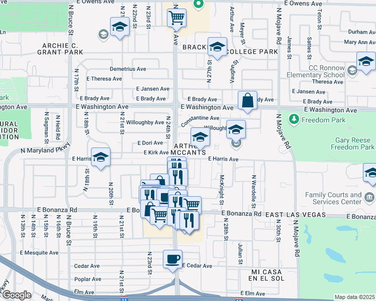 map of restaurants, bars, coffee shops, grocery stores, and more near 800 North Eastern Avenue in Las Vegas