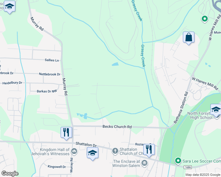 map of restaurants, bars, coffee shops, grocery stores, and more near 5440 Woodcliff Drive in Winston-Salem