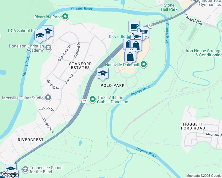 map of restaurants, bars, coffee shops, grocery stores, and more near 100 Jackson Downs Boulevard in Nashville