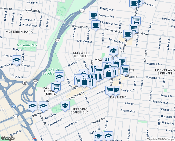 map of restaurants, bars, coffee shops, grocery stores, and more near 108 Mcferrin Avenue in Nashville