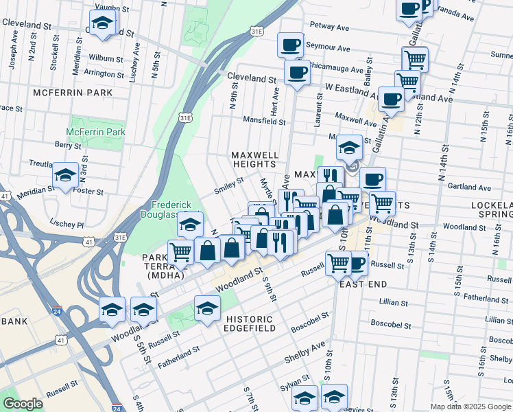 map of restaurants, bars, coffee shops, grocery stores, and more near 115D North 9th Street in Nashville