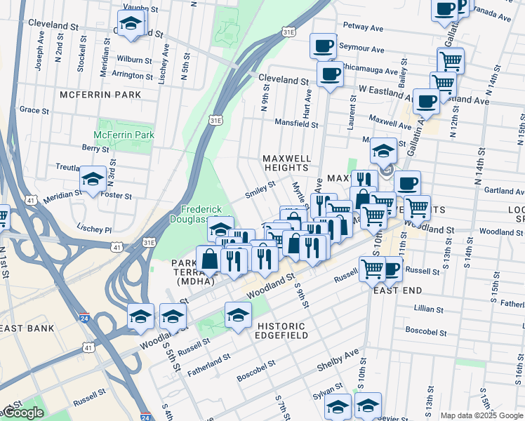 map of restaurants, bars, coffee shops, grocery stores, and more near 207C Neill Avenue in Nashville