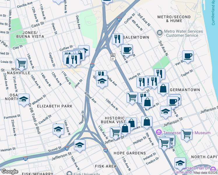 map of restaurants, bars, coffee shops, grocery stores, and more near 1564 9th Avenue North in Nashville