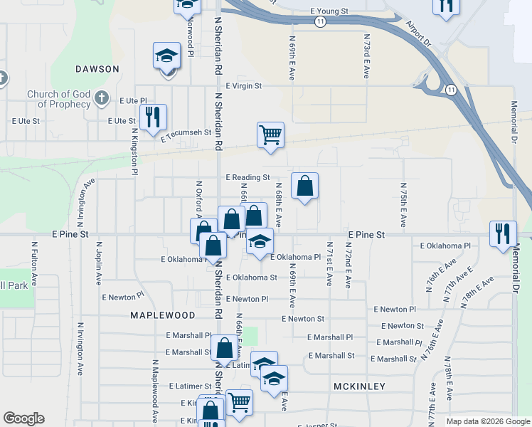 map of restaurants, bars, coffee shops, grocery stores, and more near 1536 North 68th East Avenue in Tulsa