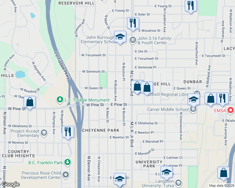 map of restaurants, bars, coffee shops, grocery stores, and more near 1543 North Boston Avenue in Tulsa