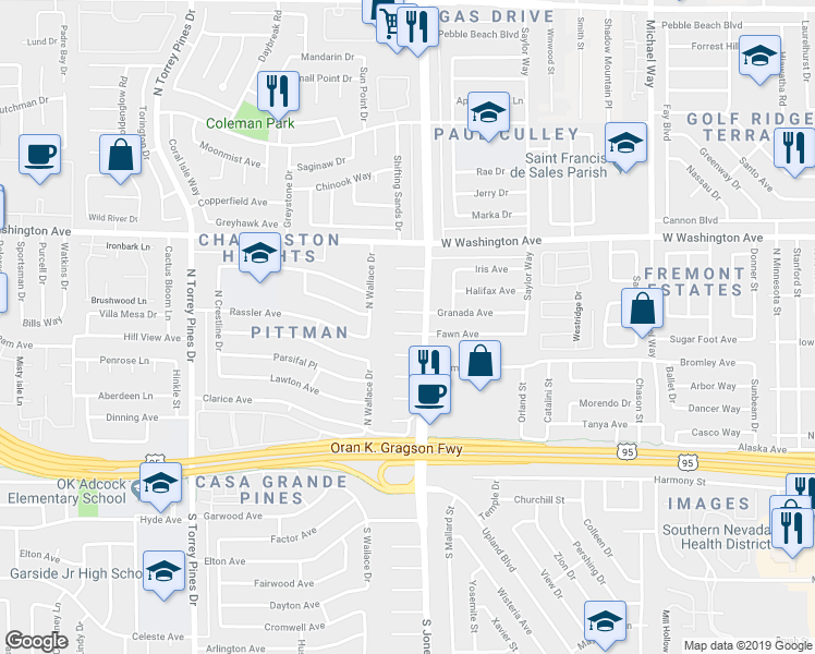 map of restaurants, bars, coffee shops, grocery stores, and more near 6108 Fawn Circle in Las Vegas