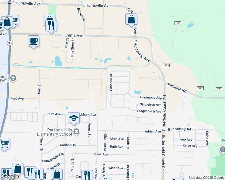 map of restaurants, bars, coffee shops, grocery stores, and more near 362 Cascade Circle in Springdale