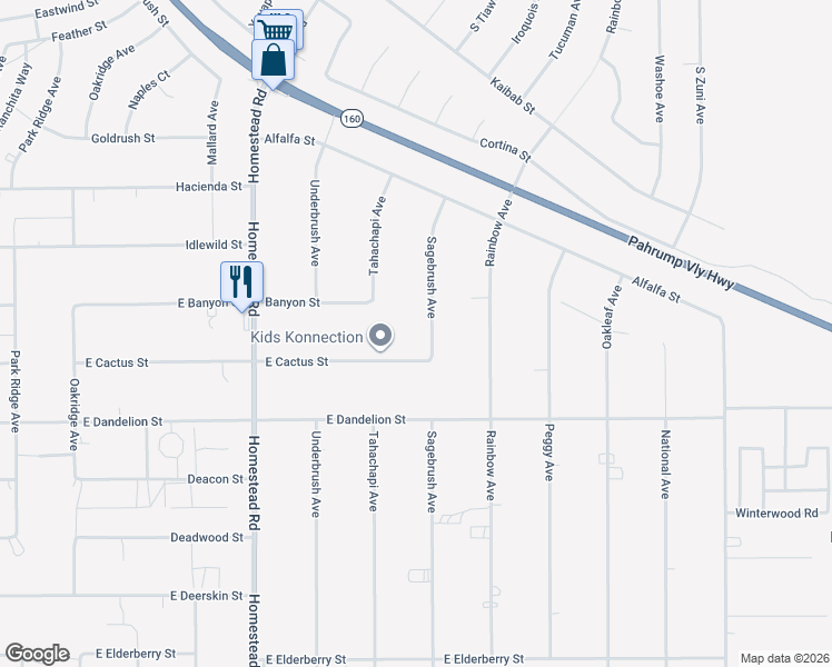 map of restaurants, bars, coffee shops, grocery stores, and more near 2830 Sagebrush Avenue in Pahrump