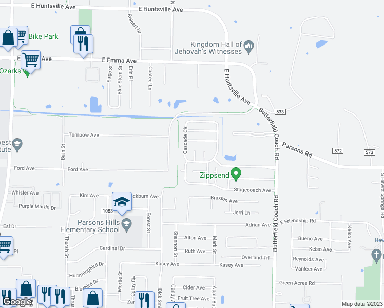 map of restaurants, bars, coffee shops, grocery stores, and more near 742 Suffolk Cove in Springdale