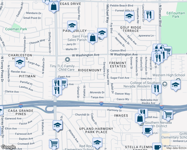 map of restaurants, bars, coffee shops, grocery stores, and more near 600 Woodmount Drive in Las Vegas