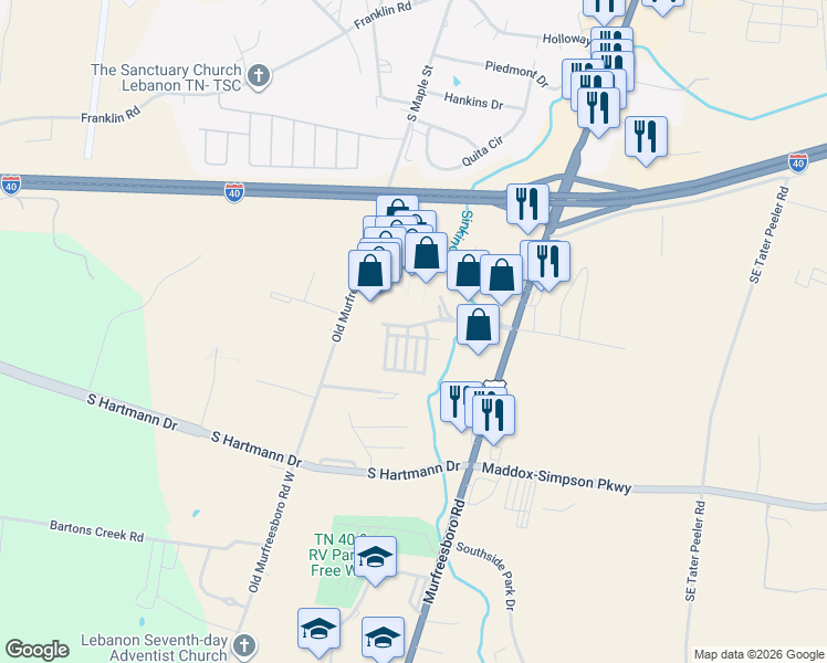 map of restaurants, bars, coffee shops, grocery stores, and more near 100 Outlet Village Boulevard in Lebanon