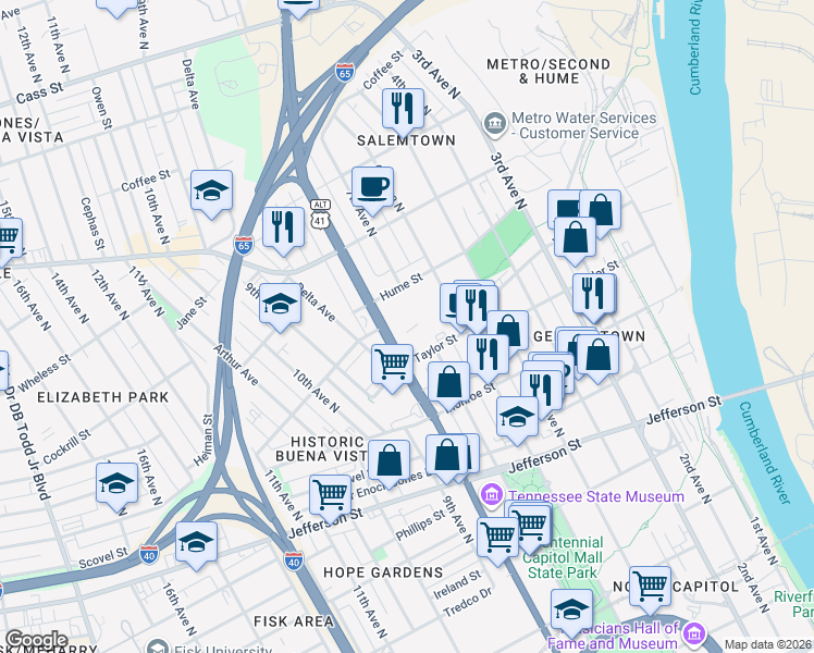 map of restaurants, bars, coffee shops, grocery stores, and more near 1400 Rosa L Parks Boulevard in Nashville