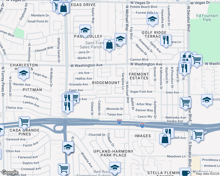 map of restaurants, bars, coffee shops, grocery stores, and more near 600 Woodmount Drive in Las Vegas