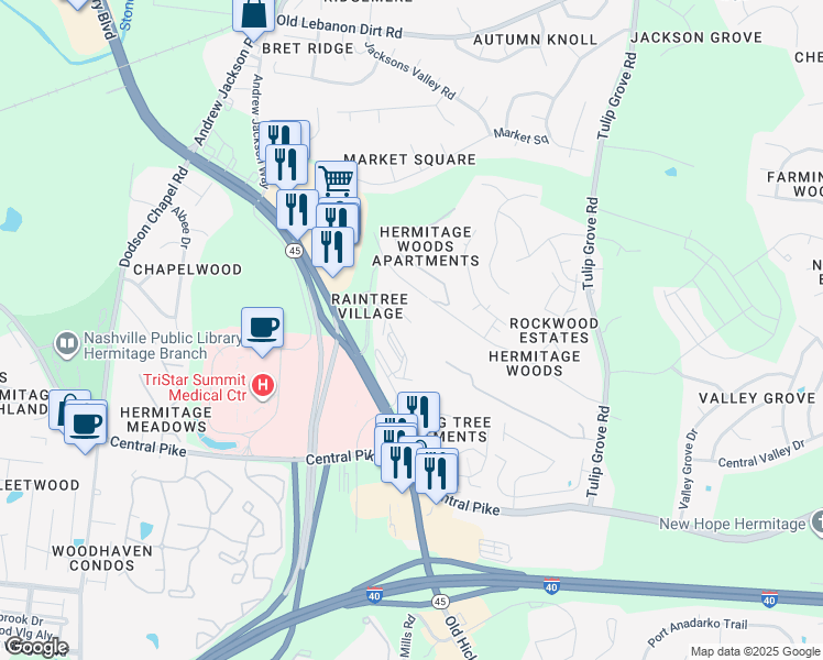 map of restaurants, bars, coffee shops, grocery stores, and more near 421 Raintree Drive in Nashville