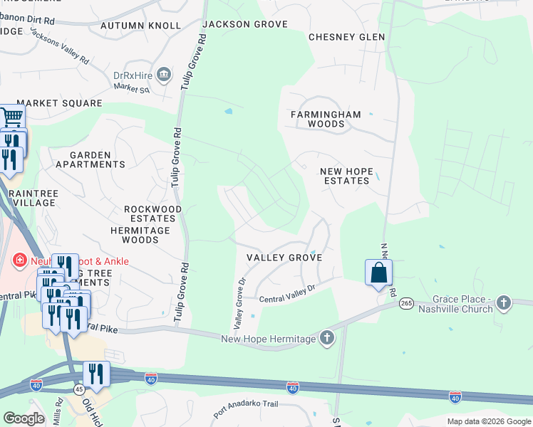 map of restaurants, bars, coffee shops, grocery stores, and more near 4669 Forest Ridge Drive in Nashville