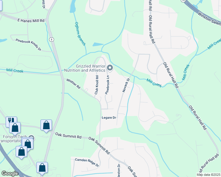 map of restaurants, bars, coffee shops, grocery stores, and more near 5530 Pinebrook Lane in Winston-Salem