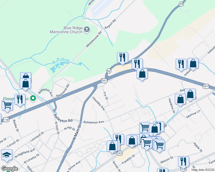 map of restaurants, bars, coffee shops, grocery stores, and more near 114 North Main Street in Greeneville