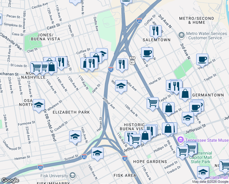 map of restaurants, bars, coffee shops, grocery stores, and more near 1605 9th Avenue North in Nashville