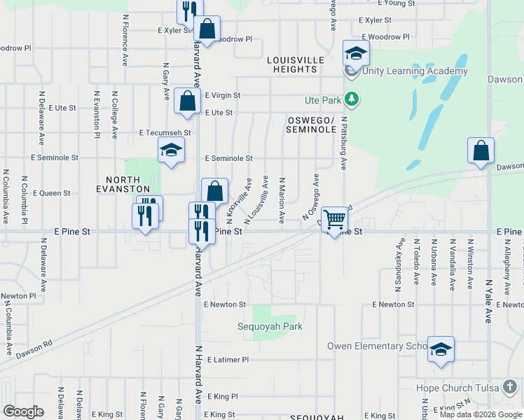 map of restaurants, bars, coffee shops, grocery stores, and more near 1527 North Louisville Avenue in Tulsa